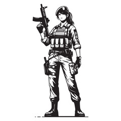 Woman in military uniform holding a gun image vector