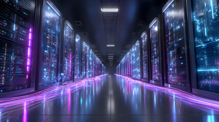 Fototapeta premium Futuristic data center with illuminated server racks and glowing digital connections, ideal for IT marketing, cybersecurity presentations, and technology infrastructure visuals.