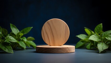 Round wooden display platform with green leaves