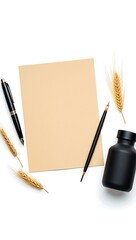 Elegant stationery set with wheat on white background