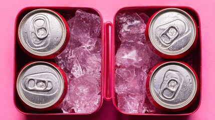 Four aluminum beverage cans placed on ice in a vibrant pink lunchbox, showcasing a refreshing drink option for outdoor activities and gatherings with friends