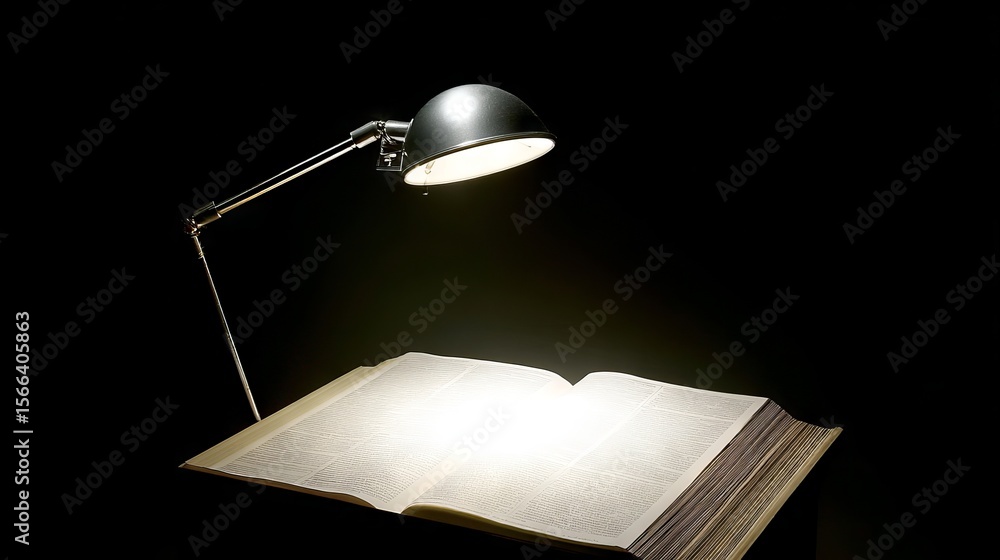 Poster open book illuminated by a desk lamp, showcasing blank pages, creating a serene atmosphere for readi