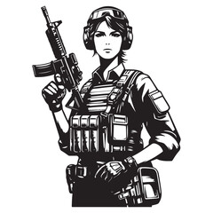 Woman in military uniform holding a gun image vector