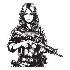 Woman in military uniform holding a gun image vector