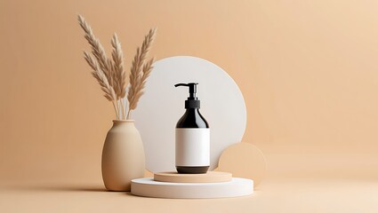 Black bottle with white label and pampas grass in a beige setting