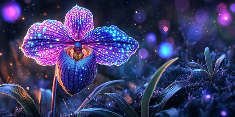 fantasy garden portrait of a glowing Paphiopedilum orchid under moonlight