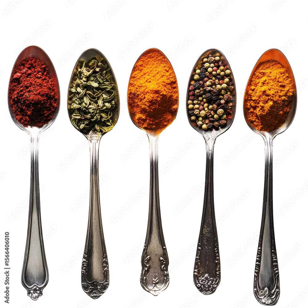 Poster colorful spices in silver spoons arranged on a white table create a vibrant culinary display, variou