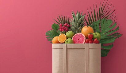 Minimalist 3D rendered eco tote bag with tropical fruits and green leaves on soft pastel pink background, blank canvas design for customizable branding or sustainable shopping concept