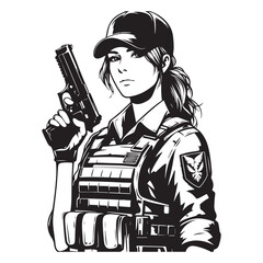 Woman in military uniform holding a gun image vector