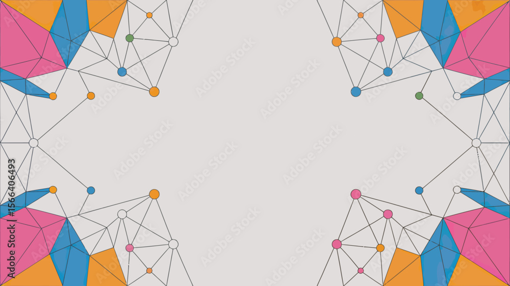 Poster geometric pattern with colorful polygons connected by lines and circles on a light gray background