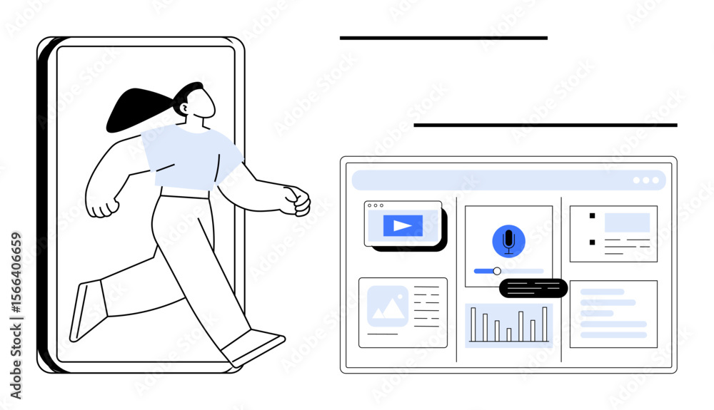 Poster person walking out of smartphone frame next to a minimalist analytics dashboard with graphs, media, 