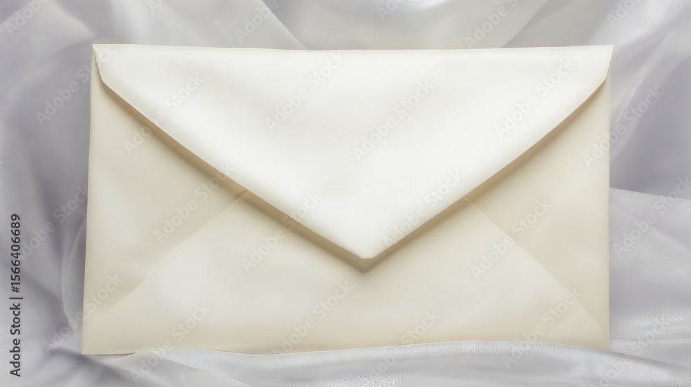 Poster elegant white envelope resting on soft satin fabric, showcasing smooth texture and subtle sheen, ide