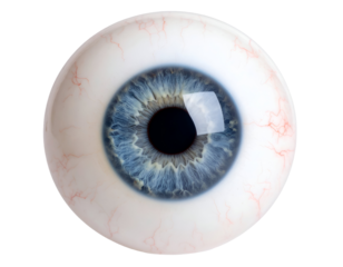 A striking close-up of a human eyeball reveals intricate blue iris patterns and delicate red veins