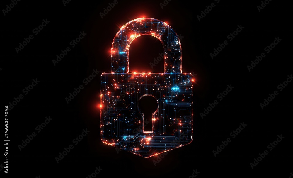 Poster glowing digital padlock symbolizing cybersecurity and data protection with futuristic electronic cir