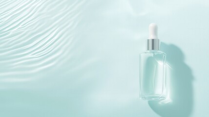 Transparent cosmetic dropper bottle floating on rippling light blue water, conveying skincare purity and freshness