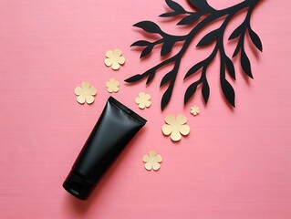 Black cosmetic tube on pink background