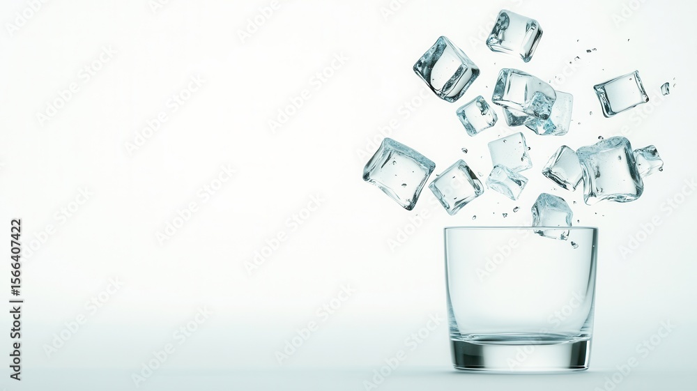 Poster ice cubes are falling and bouncing inside a transparent glass on a light blue background, creating a