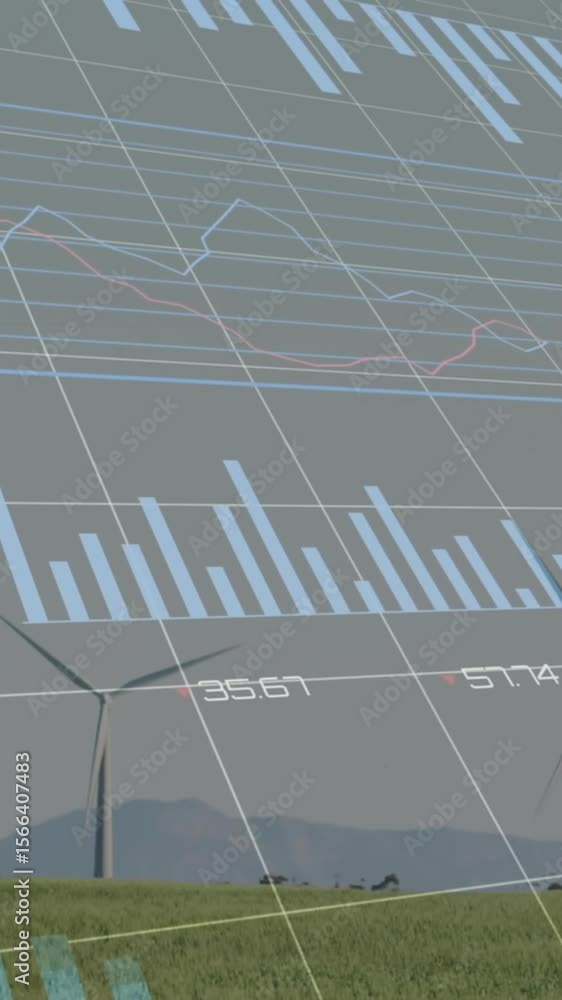 Poster animation of multiple graphs, changing numbers, loading circle over windmill on green field