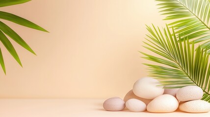 Fototapeta premium Smooth white stones stacked artfully, casting delicate shadows on neutral beige, accompanied by graceful palm leaf highlighting minimalist tropical aesthetic