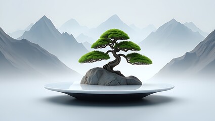 A serene bonsai tree sits on a rock, isolated against a misty mountain backdrop