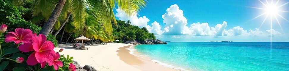 Vibrant tropical island paradise scene Sun-drenched beach, turquoise water, lush foliage, colorful flowers, and clear sky Perfect for travel, vacation, or summer themes , sea, vivid, scenic