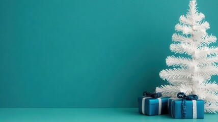 Christmas setting with white tree adorned by blue baubles, accompanied by coordinating blue wrapped presents against soft blue background