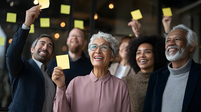 Diverse group of people smiling holding yellow sticky notes looking upwards indoors.