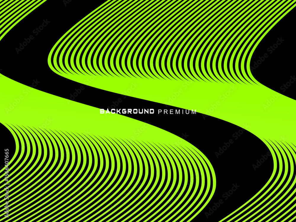 Fototapete background pattern of bright green neon stripes that curve and wavy dynamically on a black backgroun