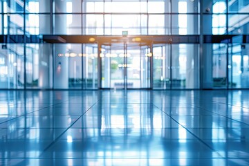 Premium Quality Image of Blurred View of Office Lobby with Glass Doors
