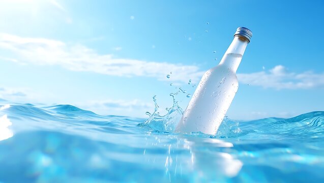 A glass bottle floats in the ocean, creating a splash