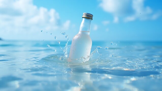 A glass bottle floats in the ocean, creating a splash