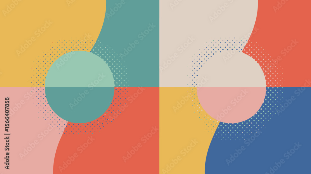 Poster abstract geometric composition with circles and curves in pastel colors and halftone patterns design
