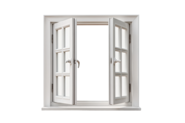 PNG Open white framed double window with clear glass on transparent background