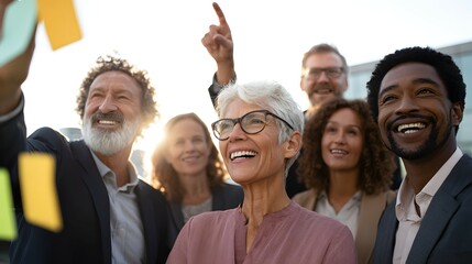 Diverse group of people looking up smiling with sticky notes against sky.