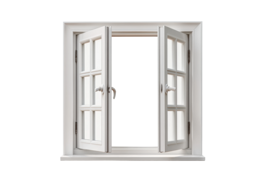 PNG Open white framed double window with clear glass on transparent background