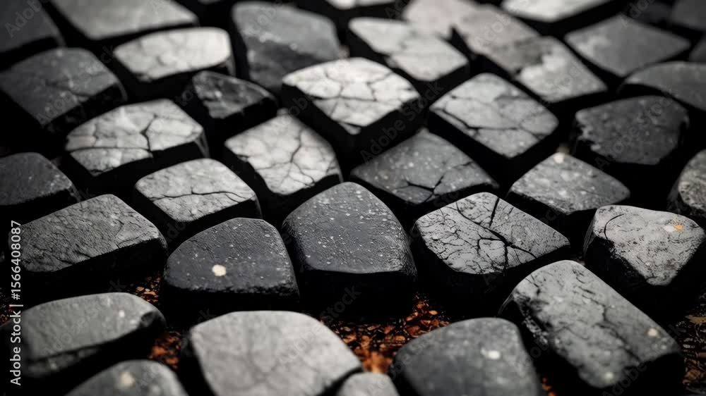 Poster close-up of a textured, natural cobblestone path featuring angular stones with crack patterns and va