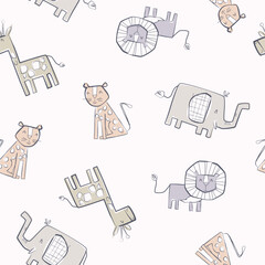 Hand drawn cute animals seamless pattern with giraffe, elephant, lion, and cheetah. Vector illustration for kids or baby apparel,  textile, bedding, wrapping paper, kindergarten and other