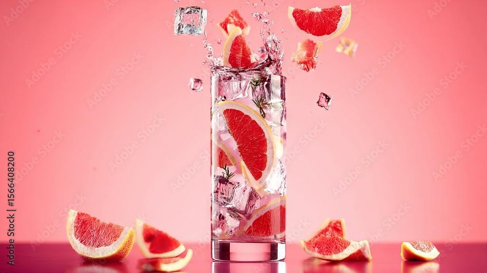 Poster refreshing cocktail with grapefruit slices and ice cubes splashing into a tall glass, set against a 