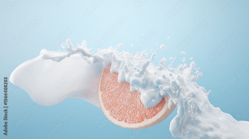 Aufkleber fresh grapefruit slice surrounded by splashing milk on a soft blue background, creating a vibrant an