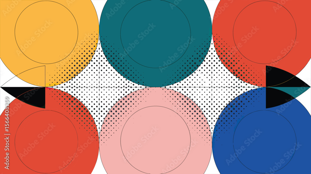 Aufkleber colorful circles with halftone patterns and black triangle shapes in a geometric arrangement design