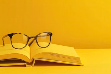 A Yellow Display of Notebooks Glasses and a Notebook with a Yellow Cover