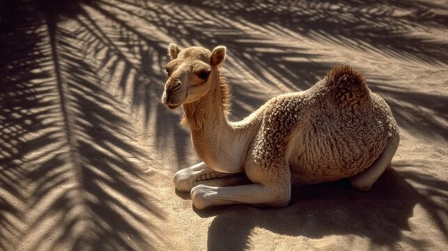 Young Camel Resting in Desert Shade