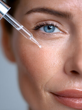A woman is using a dropper to apply serum to her face, highlighting her skincare regimen and glowing complexion