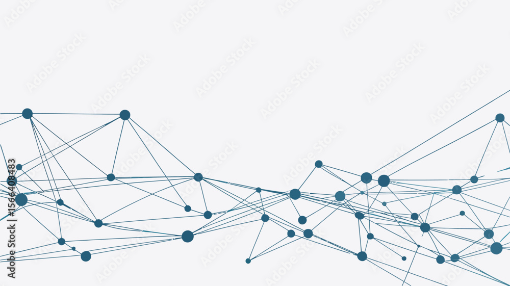 Poster a visual representation of a network with blue dots connected by lines on a white background abstrac