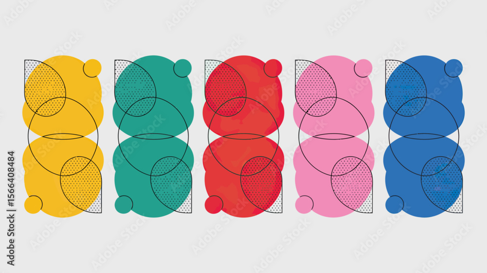 Poster a colorful arrangement of overlapping circles and shapes in a modern abstract design pattern style