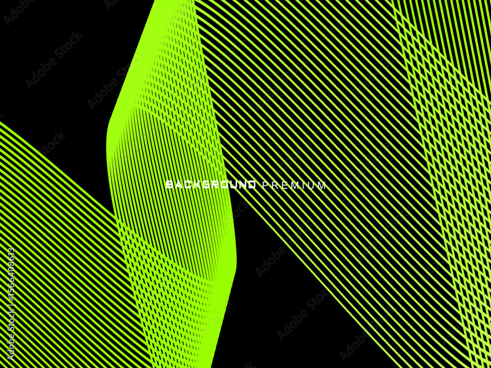 Fototapete background pattern of bright green neon stripes that curve and wavy dynamically on a black backgroun