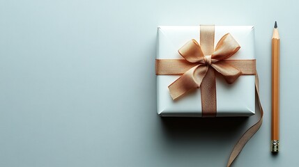 Gift Background White Gift Box with Gold Ribbon and Bow on Light Blue Background, Pencil for Scale - Ideal for Greeting Cards, Invitations, and Gift Wrapping Designs"