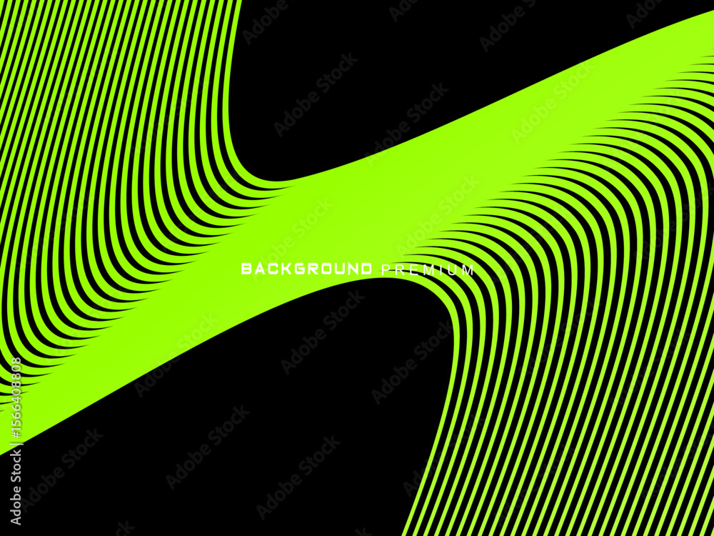 Fototapete background pattern of bright green neon stripes that curve and wavy dynamically on a black backgroun