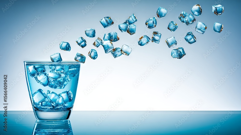 Poster glass filled with clear ice cubes, surrounded by floating ice, against a soft blue gradient backgrou