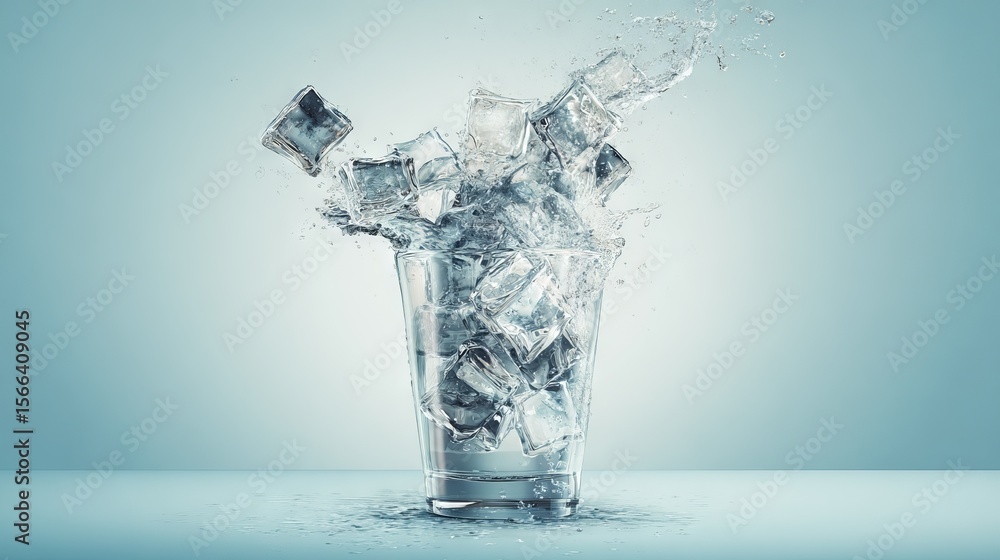 Poster splashing ice cubes in a clear glass filled with water, creating dynamic movement and refreshing amb